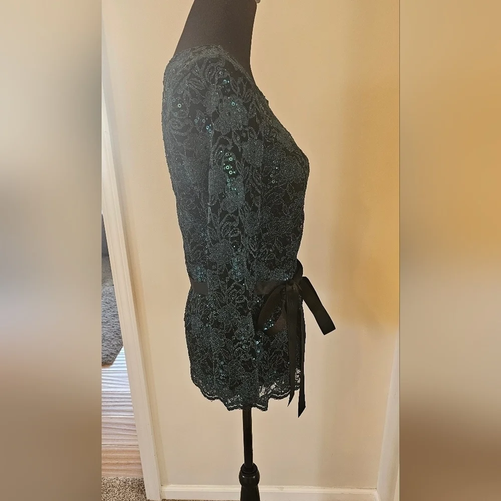 Onyx Nite Teal Lace Sequin Top with Satin Belt - Size M